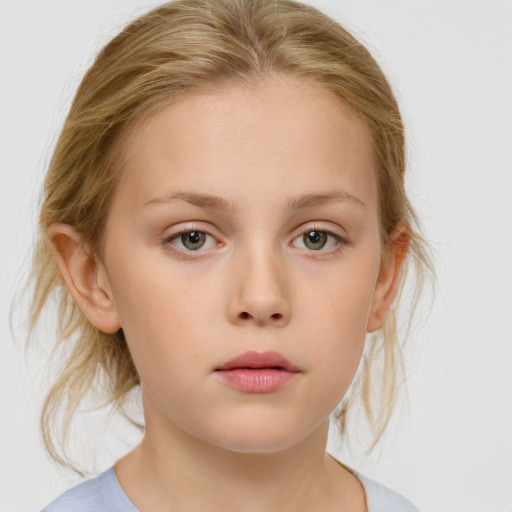 Neutral white child female with medium  brown hair and blue eyes