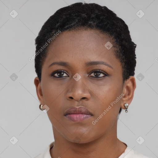 Neutral black young-adult female with short  brown hair and brown eyes