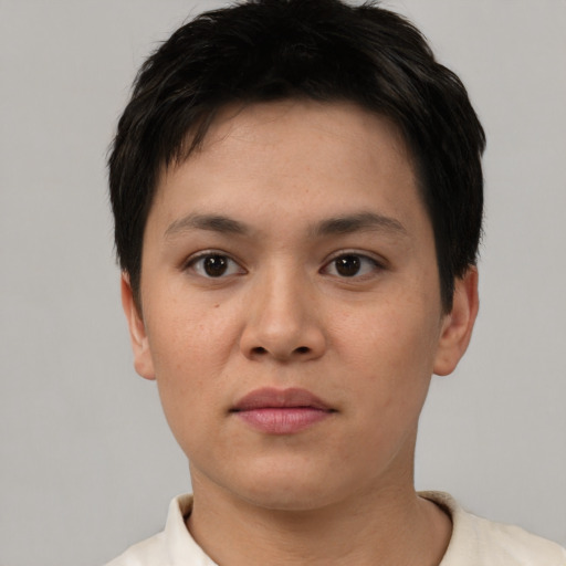 Neutral white young-adult male with short  black hair and brown eyes