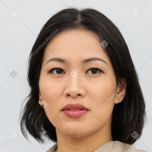 Neutral asian young-adult female with medium  brown hair and brown eyes