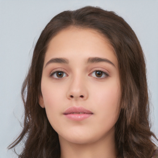 Neutral white young-adult female with long  brown hair and brown eyes