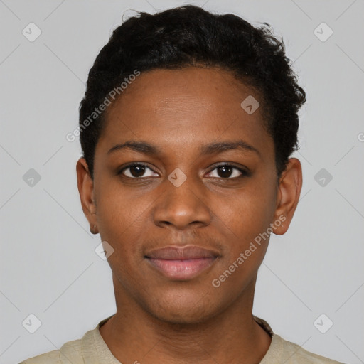 Joyful black young-adult female with short  black hair and brown eyes