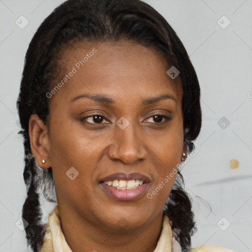 Joyful black young-adult female with medium  brown hair and brown eyes