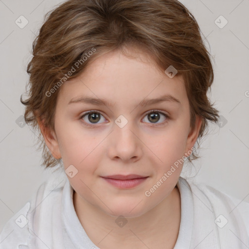 Joyful white child female with medium  brown hair and brown eyes