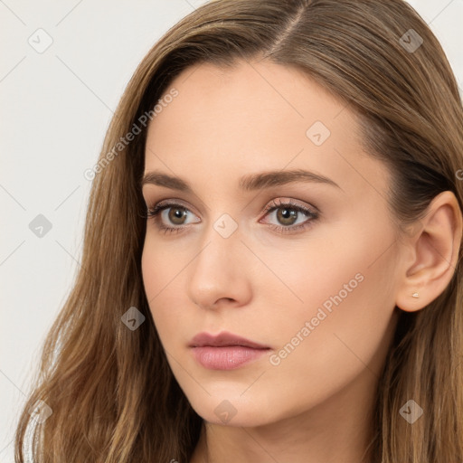 Neutral white young-adult female with long  brown hair and brown eyes