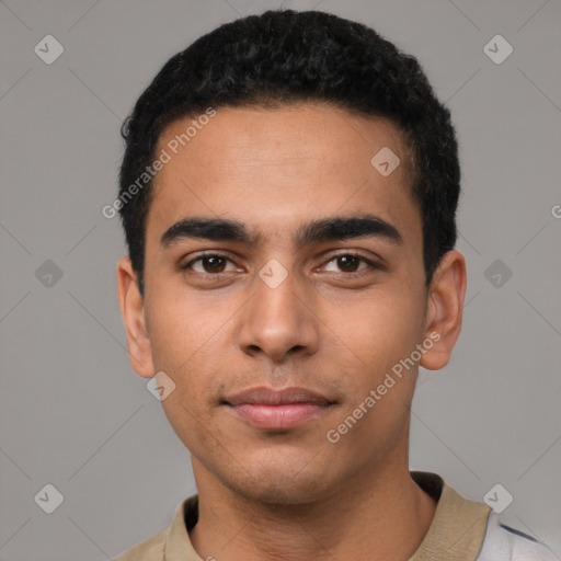 Neutral latino young-adult male with short  black hair and brown eyes