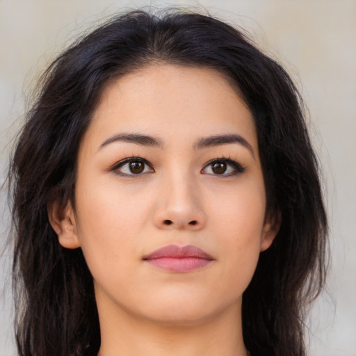 Neutral asian young-adult female with long  brown hair and brown eyes