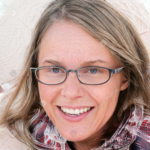 Joyful white adult female with medium  brown hair and blue eyes