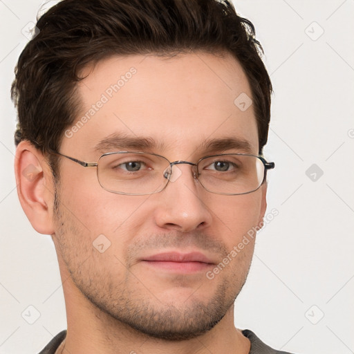 Neutral white young-adult male with short  brown hair and grey eyes