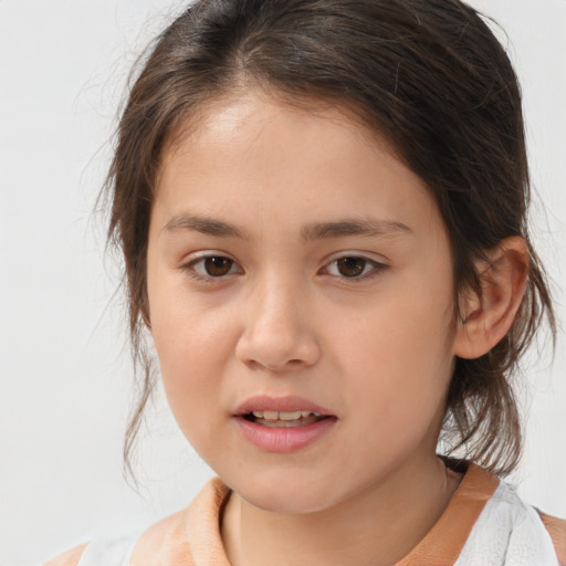 Joyful white child female with medium  brown hair and brown eyes