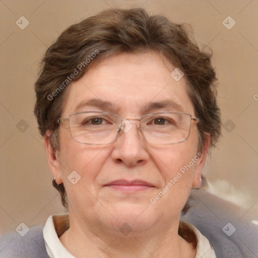 Joyful white middle-aged female with short  brown hair and brown eyes