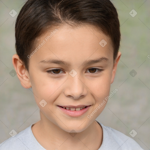 Joyful white child female with short  brown hair and brown eyes