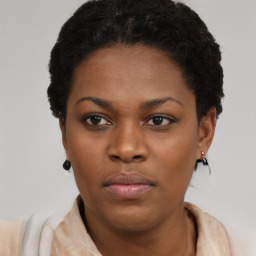 Neutral black young-adult female with short  black hair and brown eyes