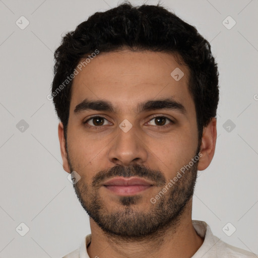 Neutral latino young-adult male with short  black hair and brown eyes