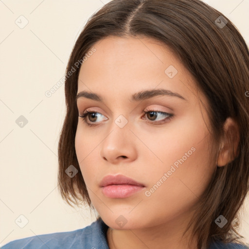 Neutral white young-adult female with medium  brown hair and brown eyes