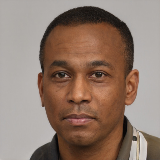 Neutral latino adult male with short  black hair and brown eyes