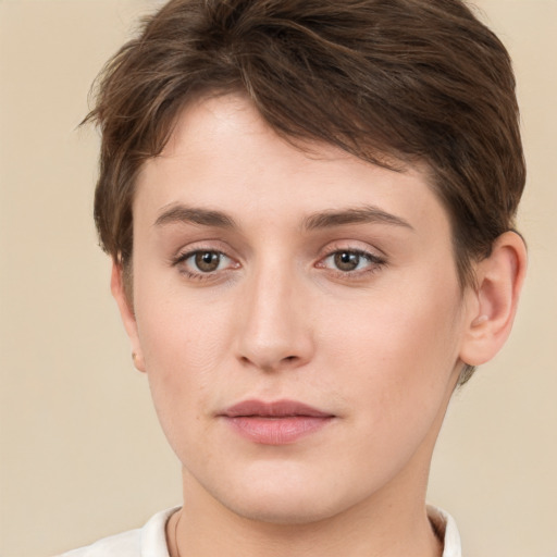 Neutral white young-adult female with short  brown hair and brown eyes