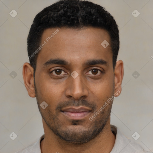 Neutral black young-adult male with short  black hair and brown eyes
