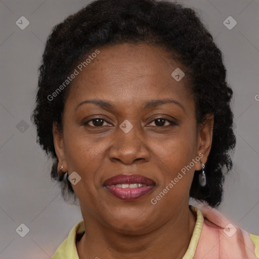 Joyful black adult female with short  brown hair and brown eyes