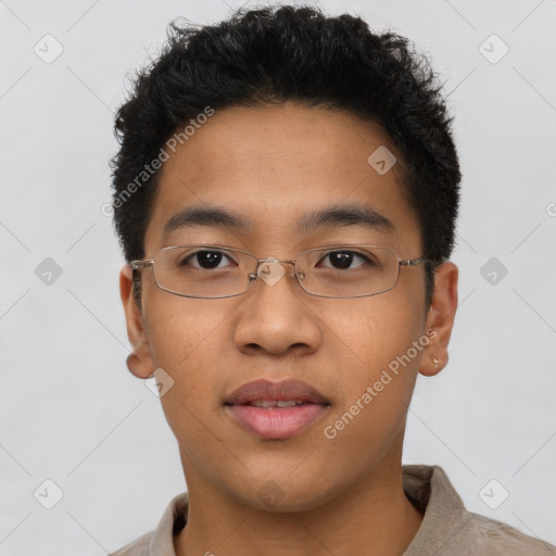 Joyful latino young-adult male with short  brown hair and brown eyes