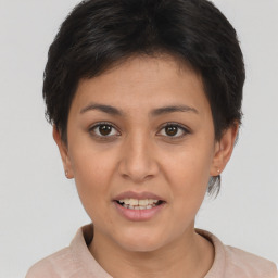 Joyful asian young-adult female with short  brown hair and brown eyes