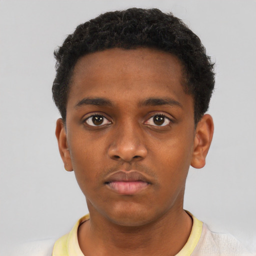 Neutral black young-adult male with short  black hair and brown eyes