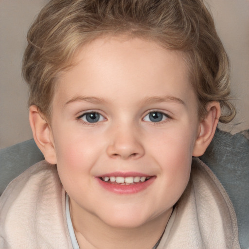 Joyful white child female with medium  brown hair and blue eyes