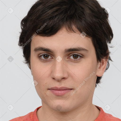 Joyful white young-adult male with medium  brown hair and brown eyes