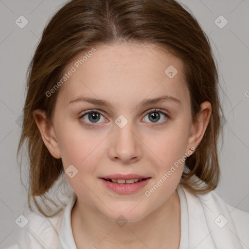 Joyful white child female with medium  brown hair and blue eyes