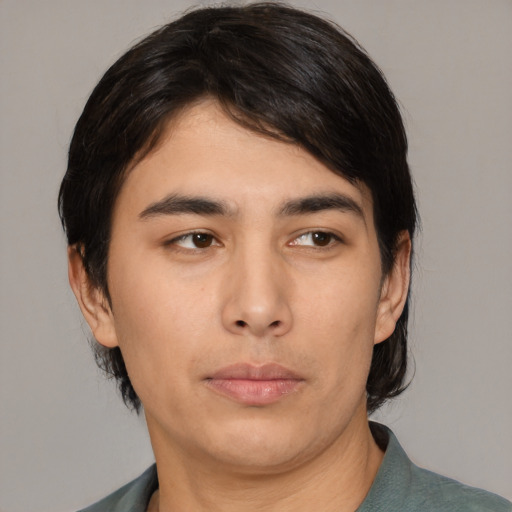 Neutral asian young-adult male with medium  black hair and brown eyes