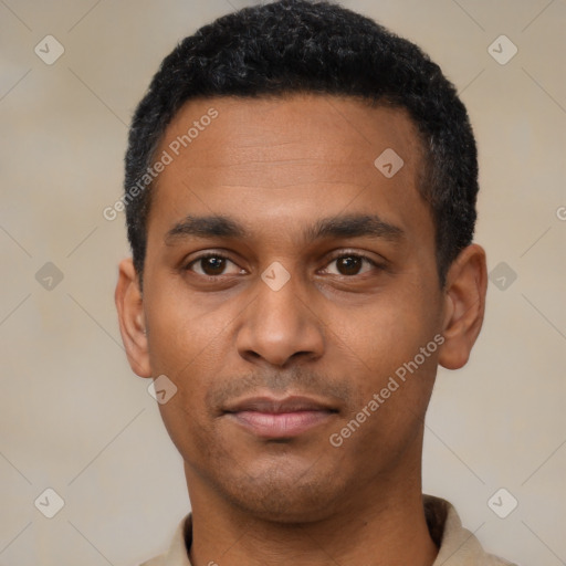 Neutral latino young-adult male with short  black hair and brown eyes