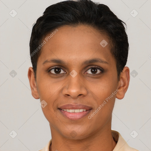 Joyful latino young-adult female with short  brown hair and brown eyes