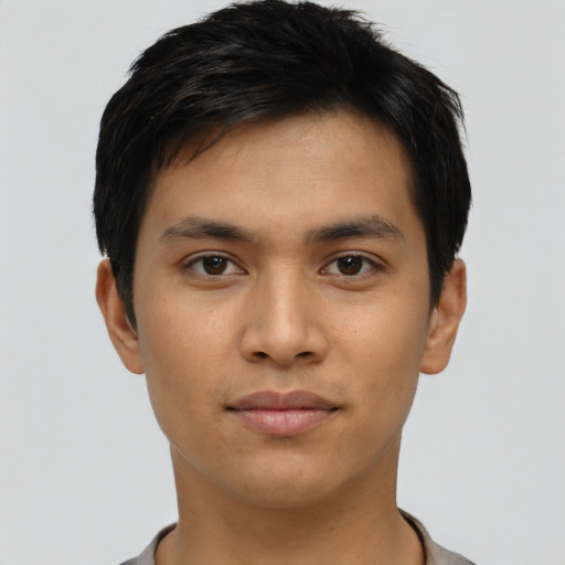 Neutral asian young-adult male with short  brown hair and brown eyes