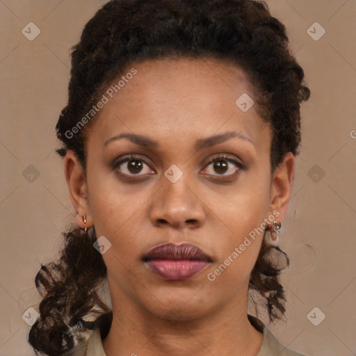 Neutral black young-adult female with medium  brown hair and brown eyes