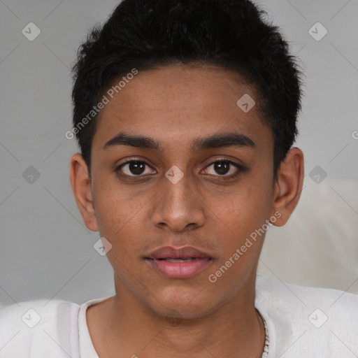 Neutral latino young-adult male with short  black hair and brown eyes