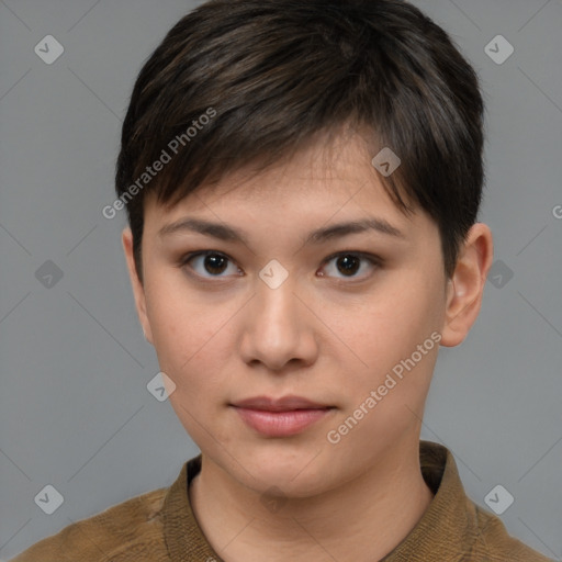 Neutral white young-adult female with short  brown hair and brown eyes