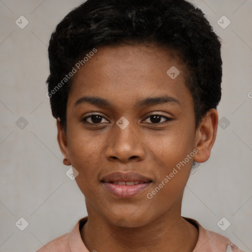 Joyful black young-adult female with short  black hair and brown eyes