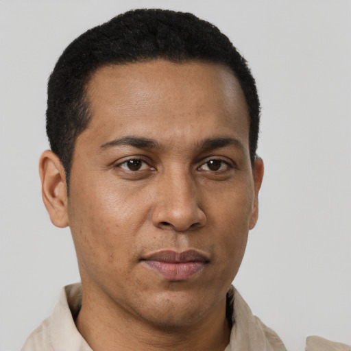 Neutral black young-adult male with short  brown hair and brown eyes