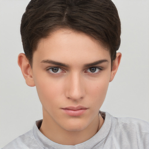 Neutral white young-adult female with short  brown hair and brown eyes