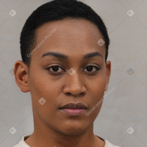Neutral black young-adult female with short  black hair and brown eyes