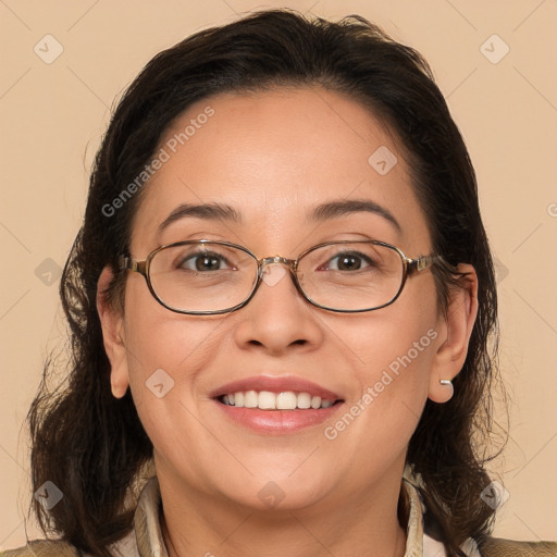 Joyful white adult female with medium  brown hair and brown eyes