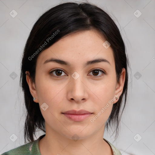 Neutral white young-adult female with medium  brown hair and brown eyes