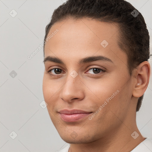 Joyful white young-adult female with short  brown hair and brown eyes