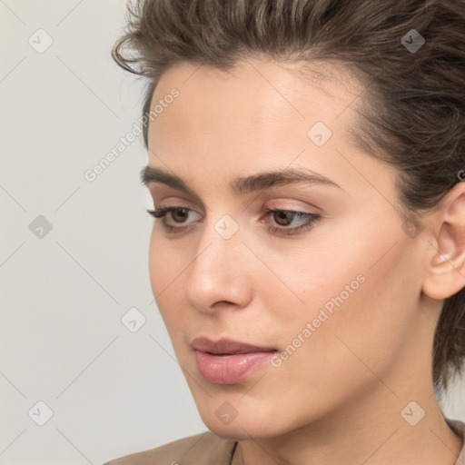 Neutral white young-adult female with medium  brown hair and brown eyes