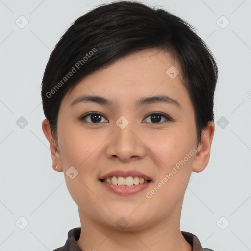 Joyful asian young-adult female with short  brown hair and brown eyes