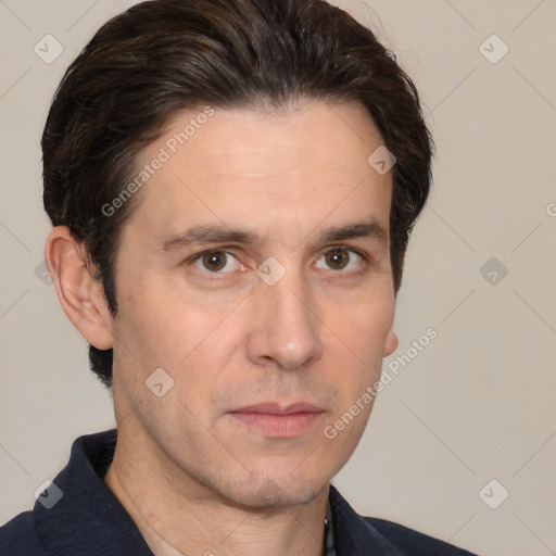 Neutral white adult male with short  brown hair and brown eyes