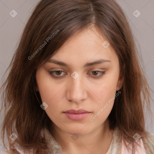 Neutral white young-adult female with medium  brown hair and brown eyes