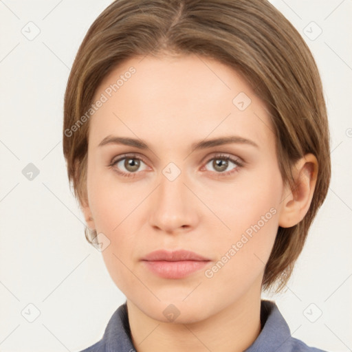 Neutral white young-adult female with medium  brown hair and grey eyes