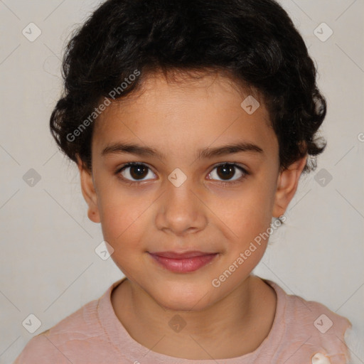 Joyful white child female with medium  brown hair and brown eyes