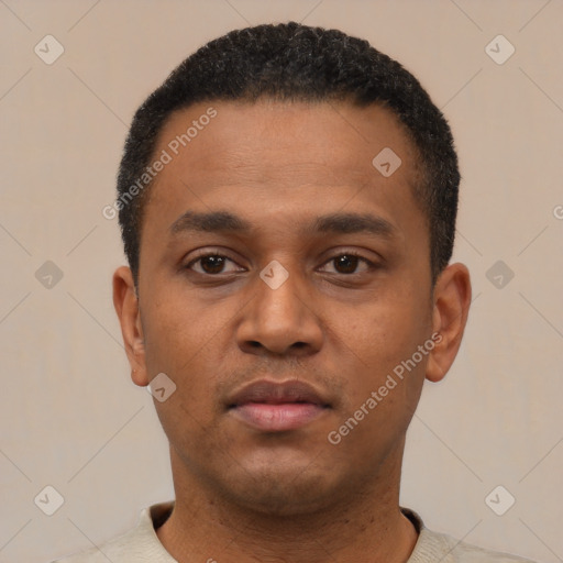 Neutral latino young-adult male with short  black hair and brown eyes